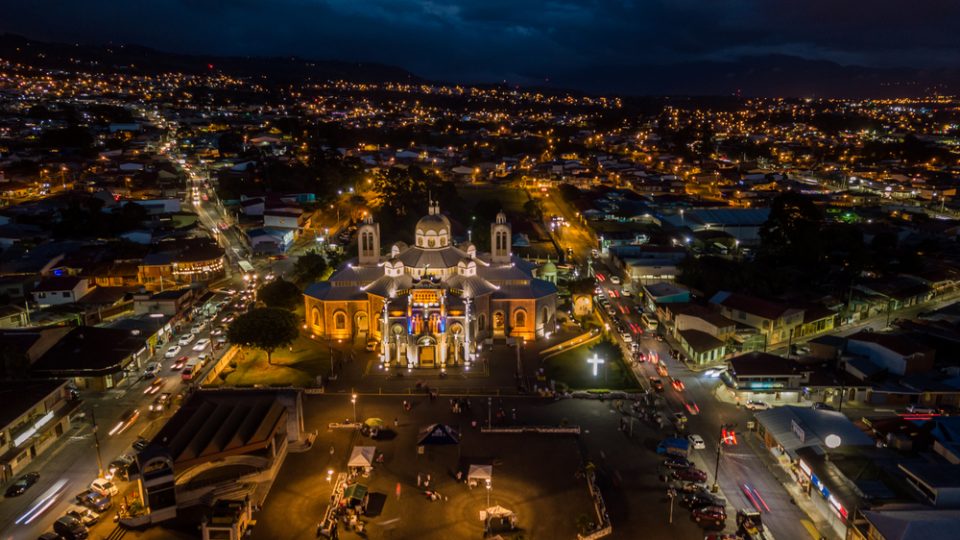 Beautiful aerial night view of the Basilica of Cartago in Costa Rica