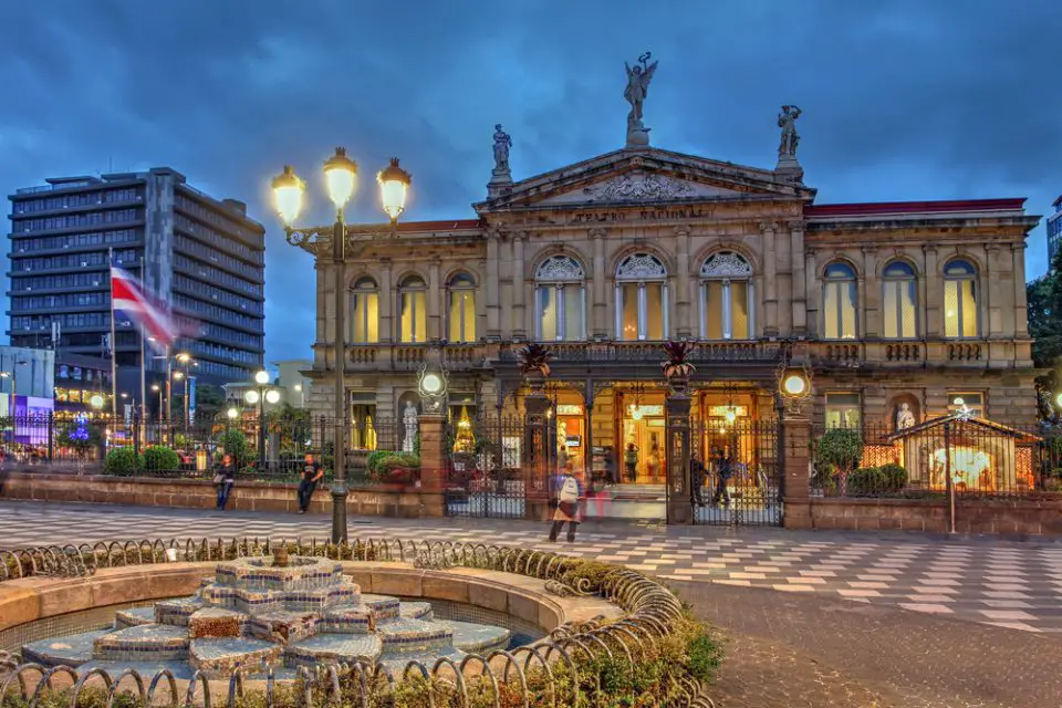Night scene of the square in front of the famous National Theater of Costa Rica in San Jose in the night
