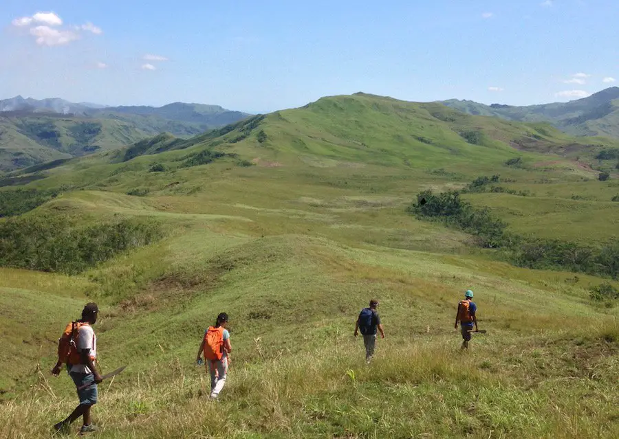 Four people are hiking at Talanoa Treks in Fiji. Green small mountains everywhere.