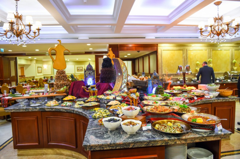 a buffet table full of food