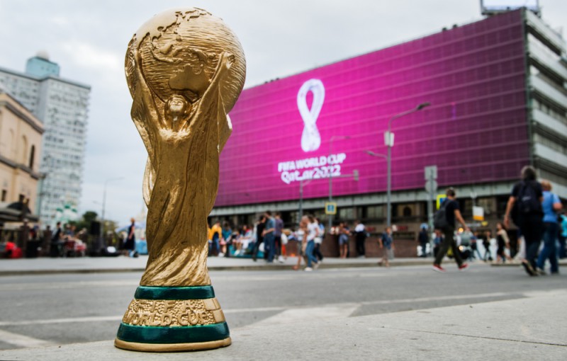 The World Cup trophy gleams at Freddie Mercury Stadium in Moscow, Russia, on June 14, 2018