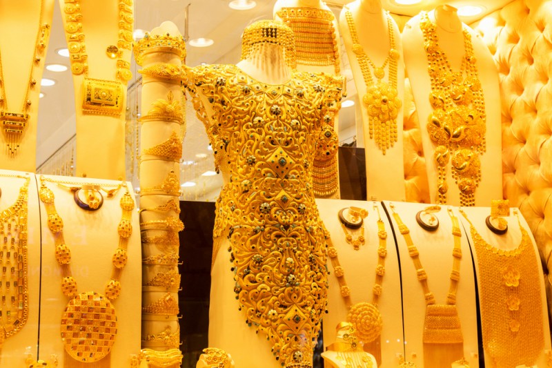 Gold jewelry displayed in a Dubai shop